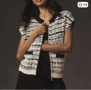 Maeve By Anthropology Tweed Vest Black And White Size Xs. Runs Big . Zip Up